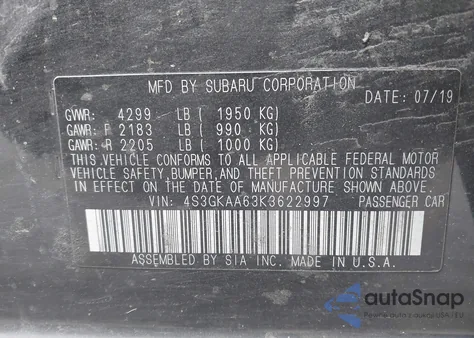 2019 Subaru Impreza 2.0I из США, поврежденный, VIN 4S3GKAA63K3622997